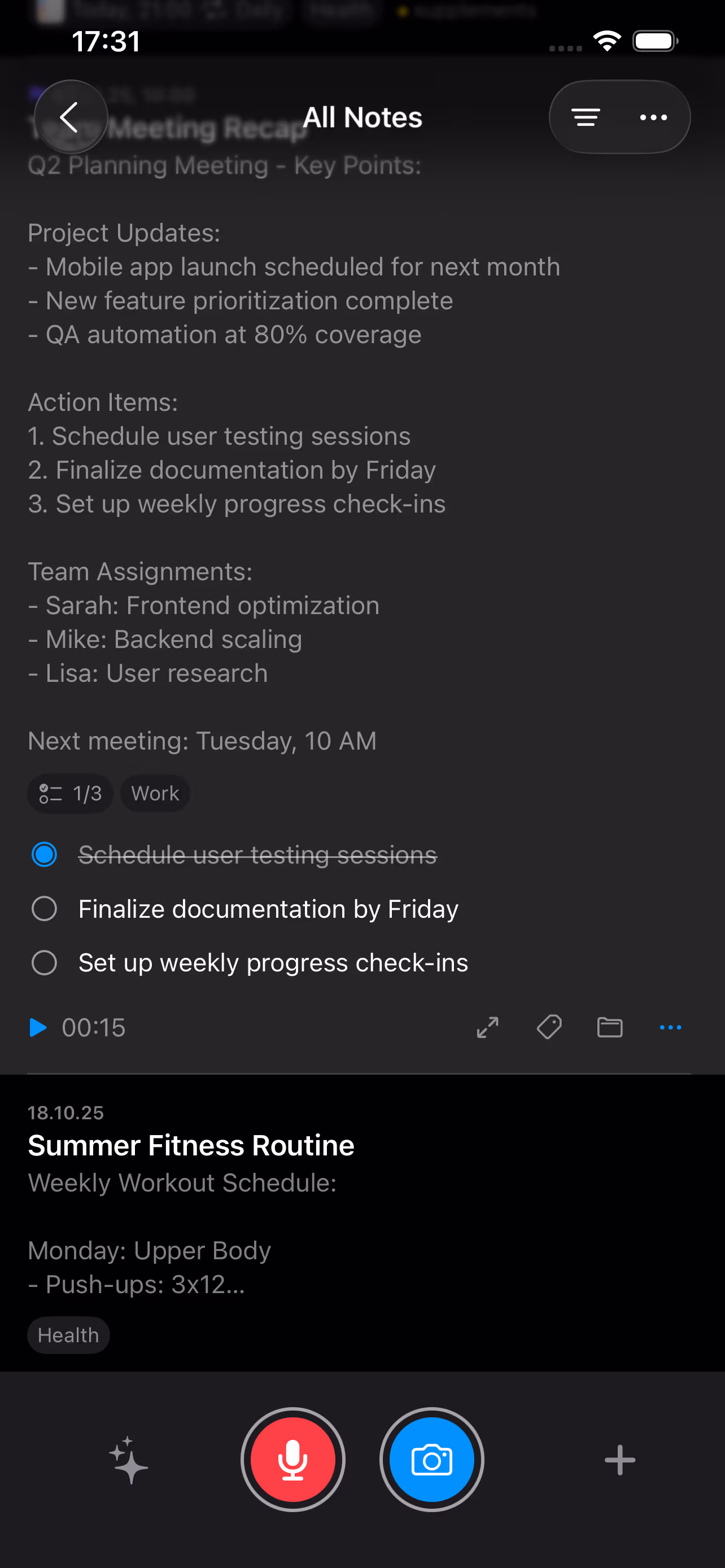iOS app showing smart checklists and artifacts with live activity