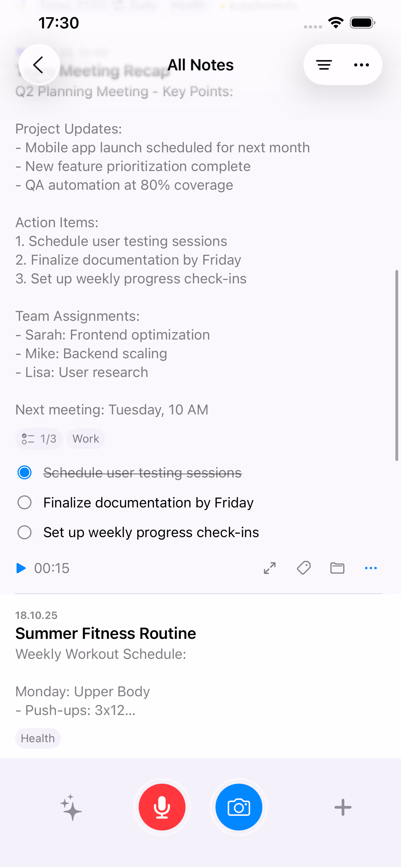 iOS app showing smart checklists and artifacts with live activity