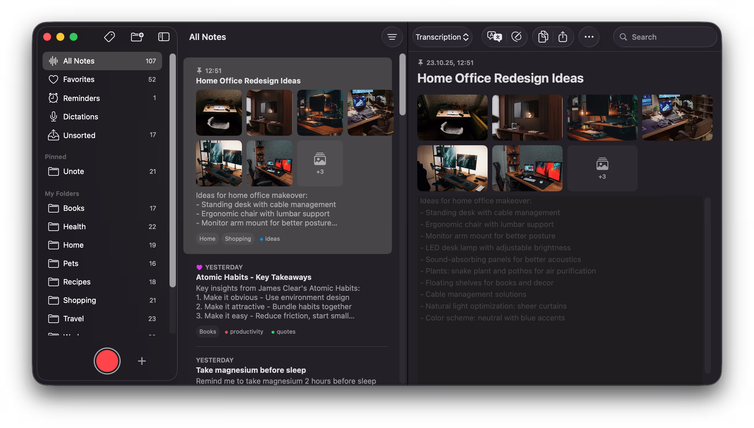 Unote macOS app screenshot showing voice dictation and notes management